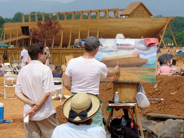 When I showed up on the set with my easel, paints and blank 2' X 3' canvas, there was no time for any sketching, planning or compositional forethought. Within twenty minutes, I had to come up with a painting that would be developed enough to show on camera. I was placed on the set and asked to get started. In the alloted time, I was surprised to have the ark, sky, background and foreground all blocked in to the assistant director's satisfaction.